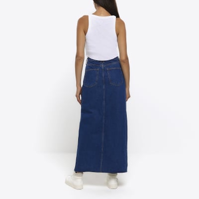 River Island Patchwork Denim Maxi Skirt in Blue