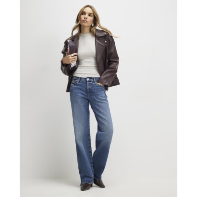 Blue Split Hem Straight Leg Jeans