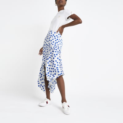 Blue spot asymmetric midi skirt