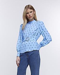 Blue spot belted long sleeve blouse