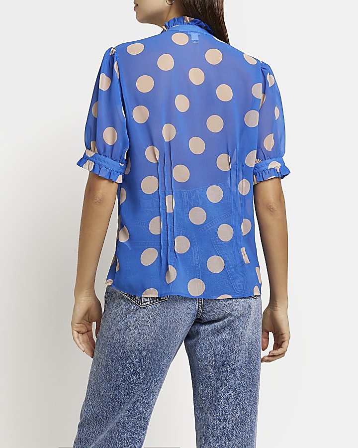 Blue spot frill blouse