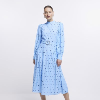 Blue spot long sleeve belted midi dress | River Island