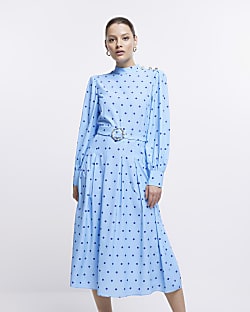 Blue spot long sleeve belted midi dress