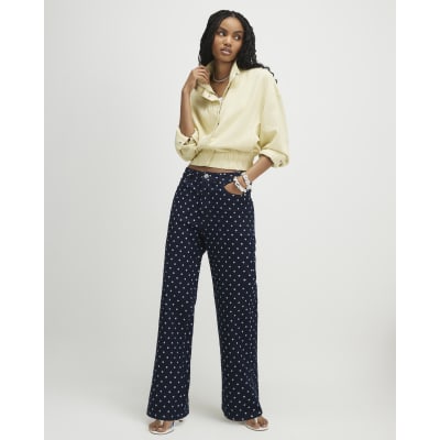 Blue Spot Print Relaxed Straight Jeans