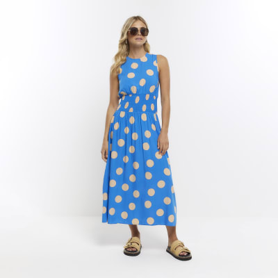 Blue spot shirred waist skater midi dress River Island