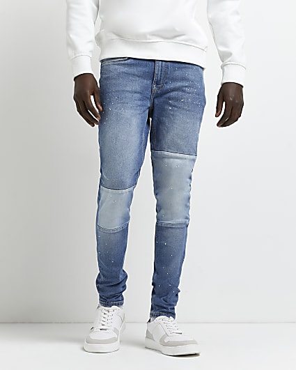 Blue spray on super skinny patchwork jeans