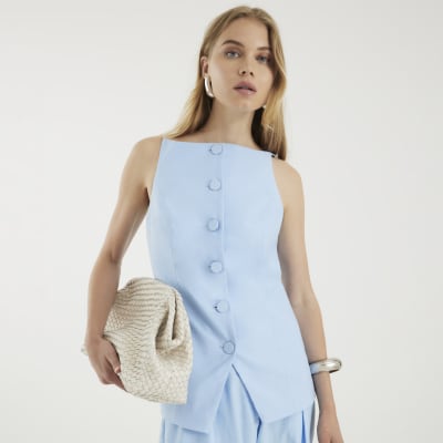 Blue Square Neck Strappy Waistcoat