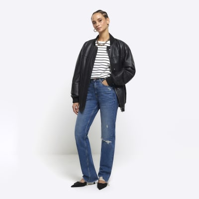 Blue stove pipe straight ripped jeans | River Island