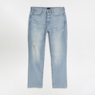 Blue straight fit ripped jeans