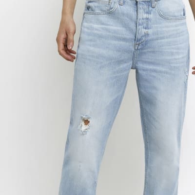 Blue straight fit ripped jeans