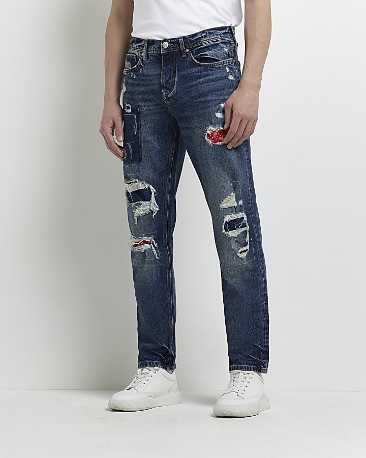 Blue straight fit ripped jeans