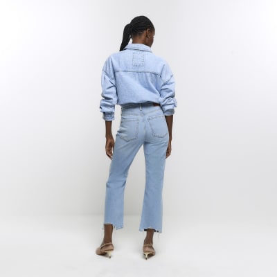 Blue straight high waisted cropped jeans River Island