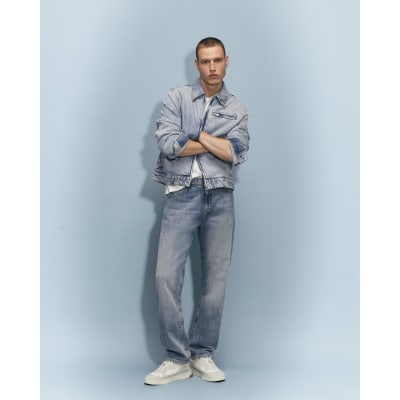 Blue Straight Leg Linen Blend Jeans