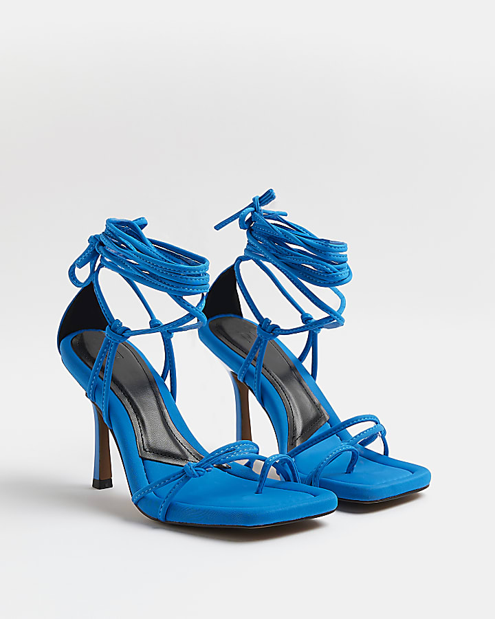 Blue strappy tie up heeled sandals