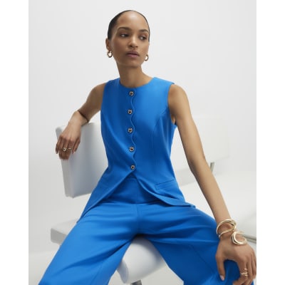 Blue Stretch Scallop Trim Tailored Waistcoat