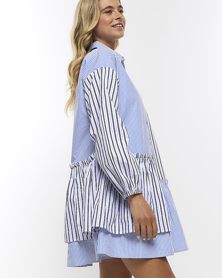 Blue stripe asymmetric mini shirt dress