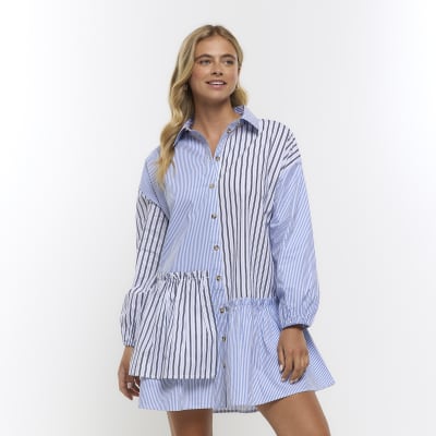 Blue stripe asymmetric mini shirt dress