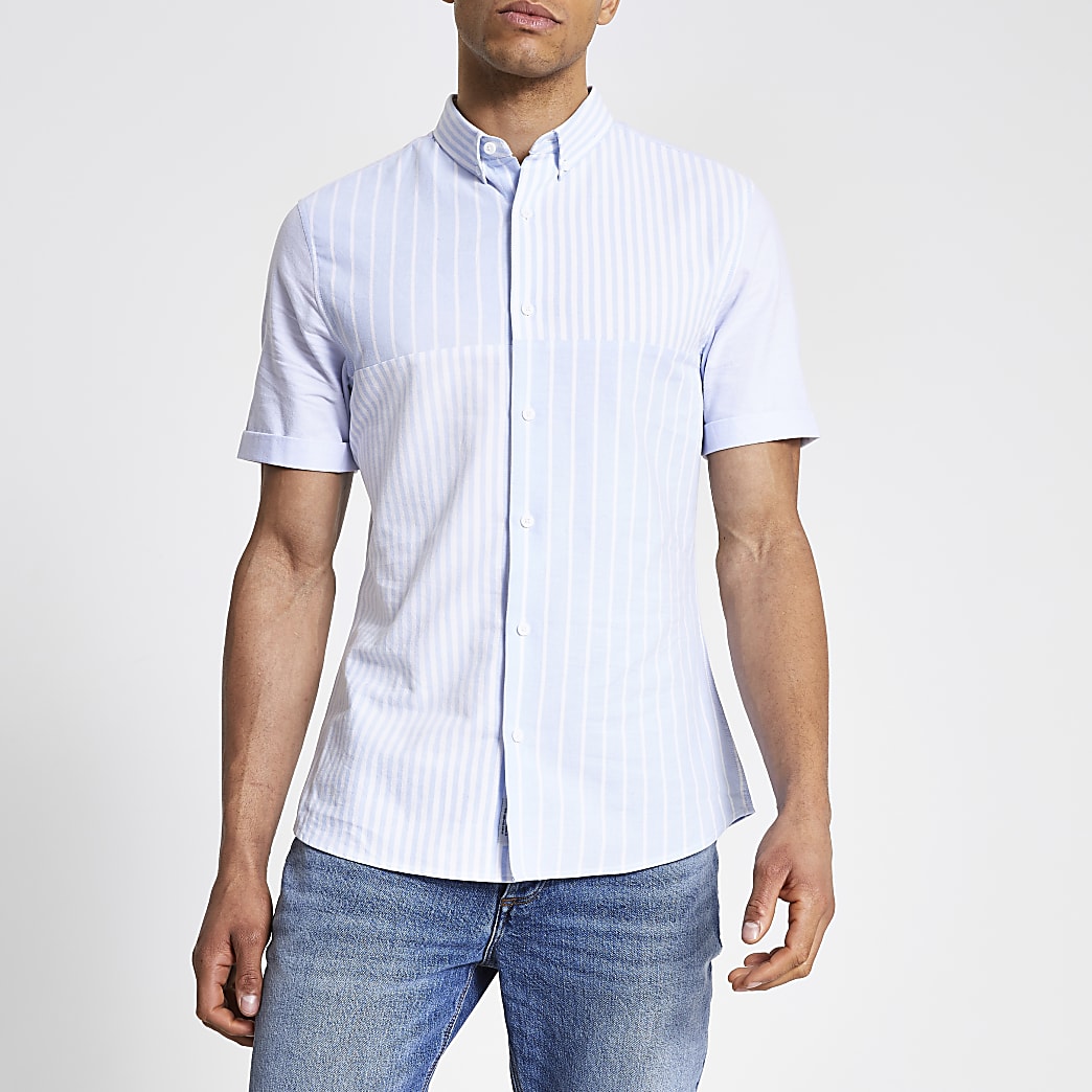 Blue stripe blocked slim fit shirt | River Island