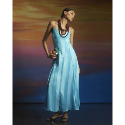 Blue Stripe Chiffon Maxi Cami Slip Dress