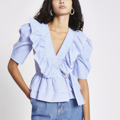 Blue stripe frill front poplin blouse