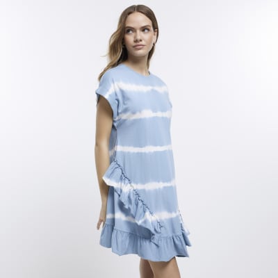 Blue stripe frill t-shirt mini dress