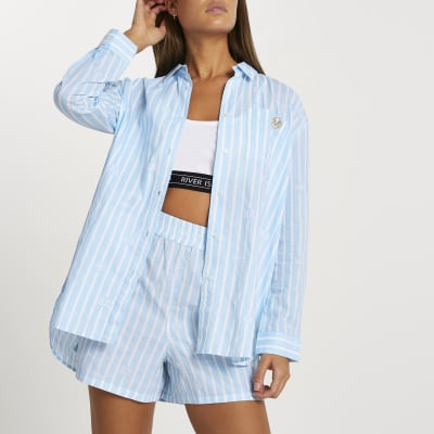 Blue stripe print oversized mini bed shirt