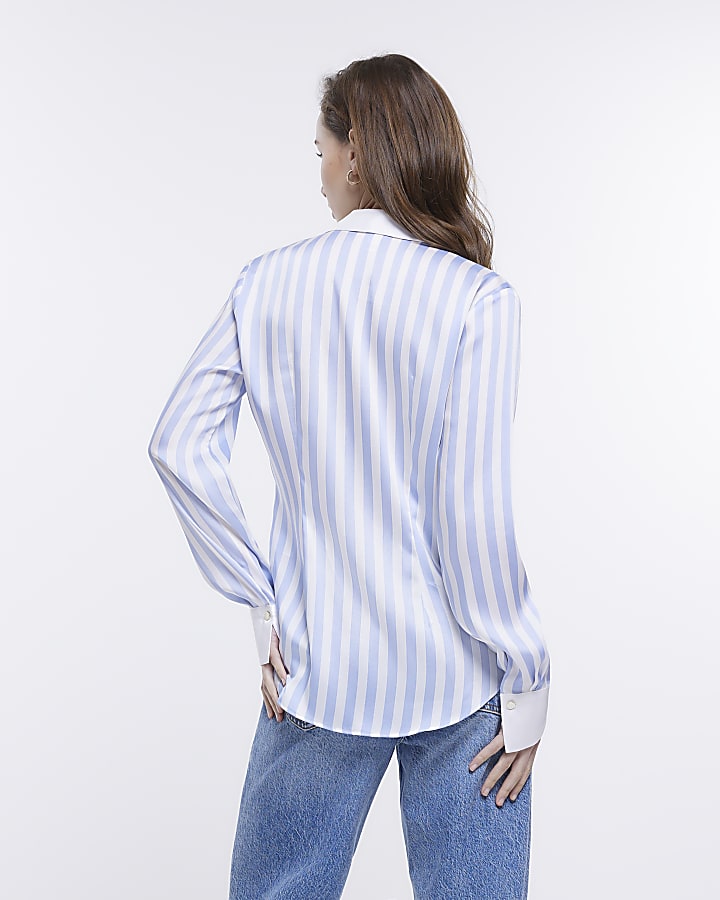Blue stripe satin long sleeve shirt