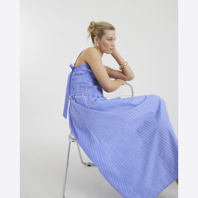 Blue Stripe Shirred Midi Dress