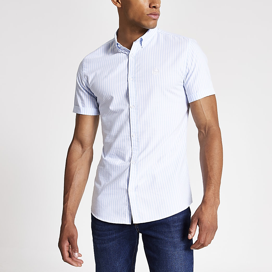 Blue stripe slim fit Oxford shirt | River Island