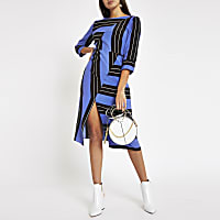 Blue stripe split front midi dress