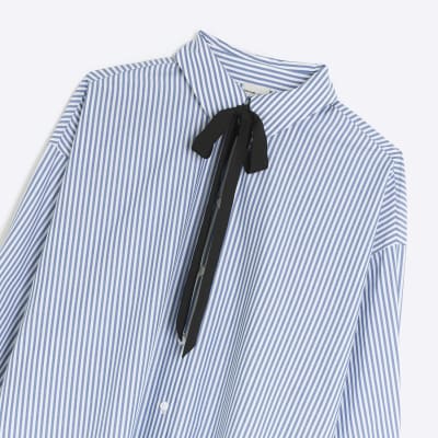 Blue stripe tie neck oversized shirt