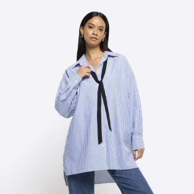 Blue stripe tie neck oversized shirt