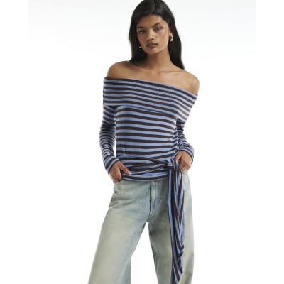 Stripe Tie Side Bardot Top