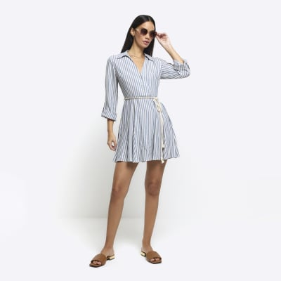 Blue stripe tie waist mini shirt dress