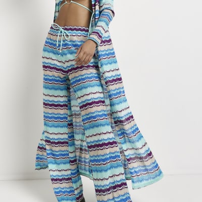 Blue stripe wide leg knit trousers