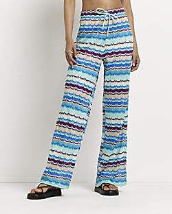 Blue stripe wide leg knit trousers