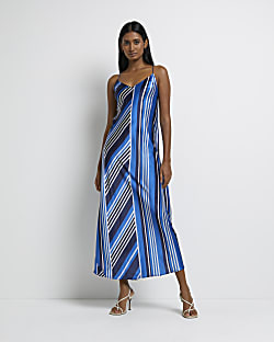 Blue striped backless slip maxi dress
