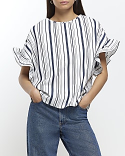 Blue striped frill sleeve t-shirt