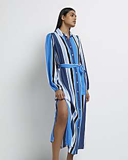 Blue striped maxi shirt dress