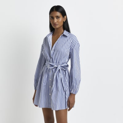 Blue striped mini shirt dress | River Island