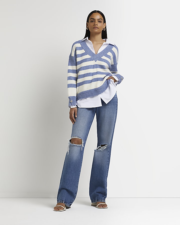 Blue striped oversized shirt jumper