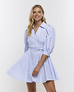 Blue striped puff sleeve mini shirt dress