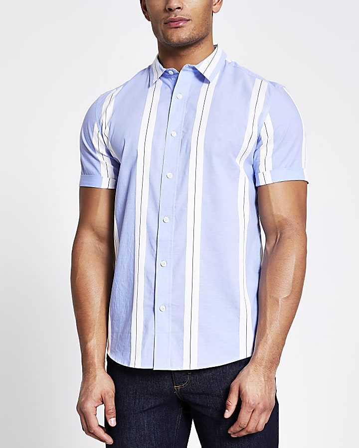Blue striped slim fit short sleeve shirt