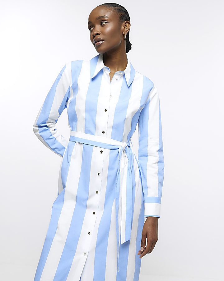 Blue striped tie waist midi shirt dress