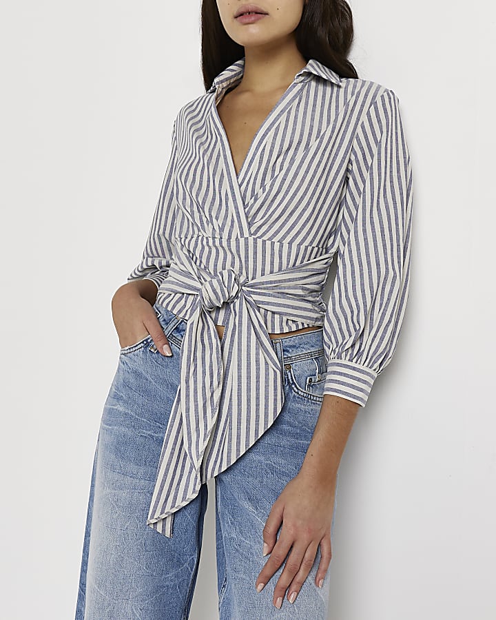 Blue striped wrap blouse