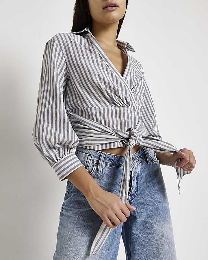 Blue striped wrap blouse