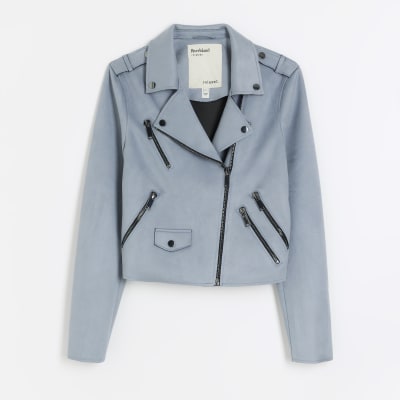 Blue suedette crop biker jacket River Island