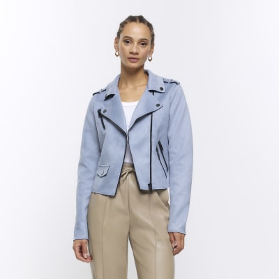 Blue suedette crop biker jacket