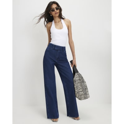 Blue Tab Front Tailored Wide Leg Jeans