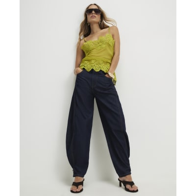 Blue Tab Hem Detail Barrel Leg Jeans